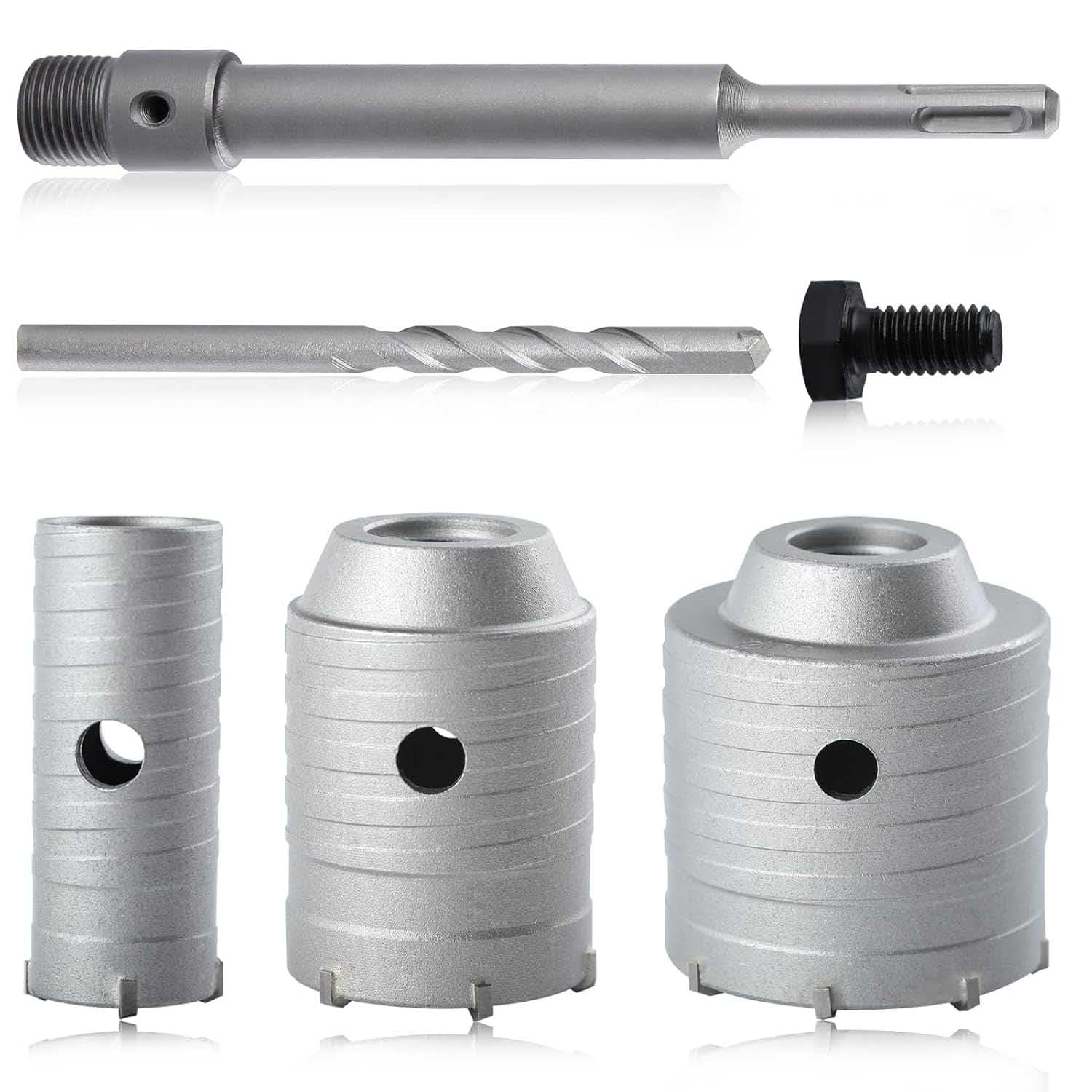 UpToDateTools Hole Saw Kits 4Pcs Concrete Hole Saw Drill Bit 30 50 65 mm SDS Plus Shank Hole Saw with 200mm Connecting Rod Tungsten Carbide Teeth Circle Drill Bit for Cement Stone Concrete Brick Wal